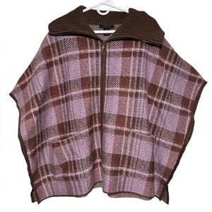 Tahari‎ NWOT Purple Brown Plaid Shawl Collar Poncho Shrug Wrap Sweater Medium